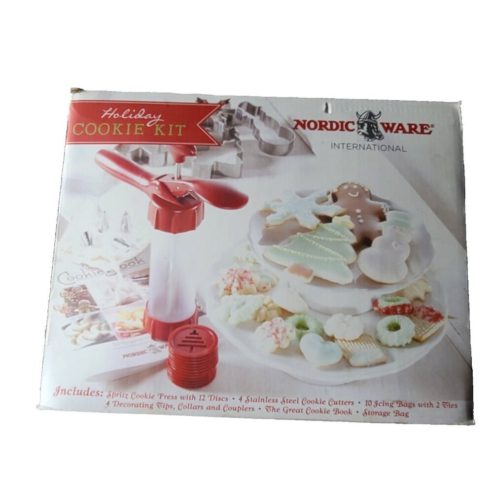 Nordic Ware Holiday Deluxe Cookie Baking Kit Cookie Press Cutters Icing Bags NEW